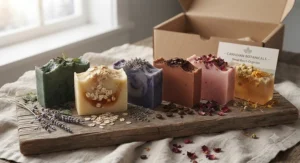 An assortment of cruelty-free organic vegan soap bars from a Canadian eco-friendly bath gift set.