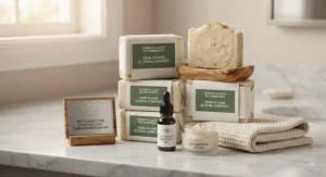 A creamy lather from a plant-based soap for eczema, focusing on intense hydration and itch relief.