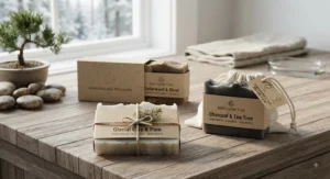 Flat lay showing organic ingredients like olive oil and essential oils used in natural soap bars for men.