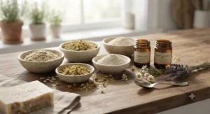 Natural plant-based ingredients like oats and chamomile used in vegan soap for sensitive skin.