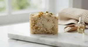 Close-up of a hydrating plant-based soap for eczema designed to soothe inflamed skin naturally.