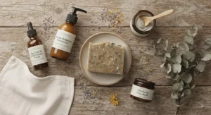A flat lay of natural skincare products including a soap bar for acne-prone skin on a rustic wooden surface.