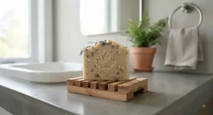 A natural soap bar sitting on a wooden soap dish in a minimalist Canadian bathroom.