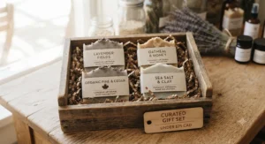 Gentle oatmeal natural soap bar resting on a wooden soap dish for under $25 CAD.