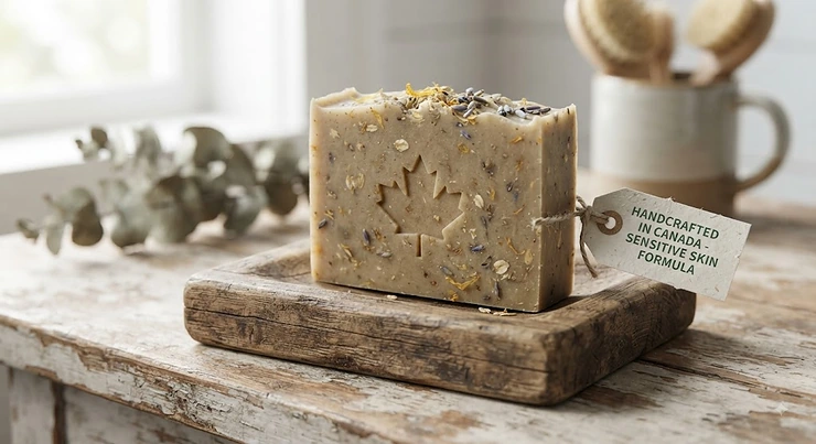 A bar of handcrafted natural soap for acne-prone skin, ideal for sensitive Canadian complexions.