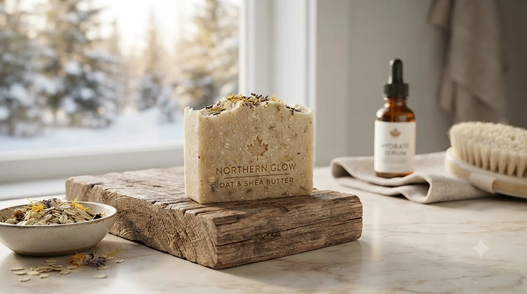 Natural soap for dry skin resting on a cedar wood block against a snowy Canadian winter backdrop.