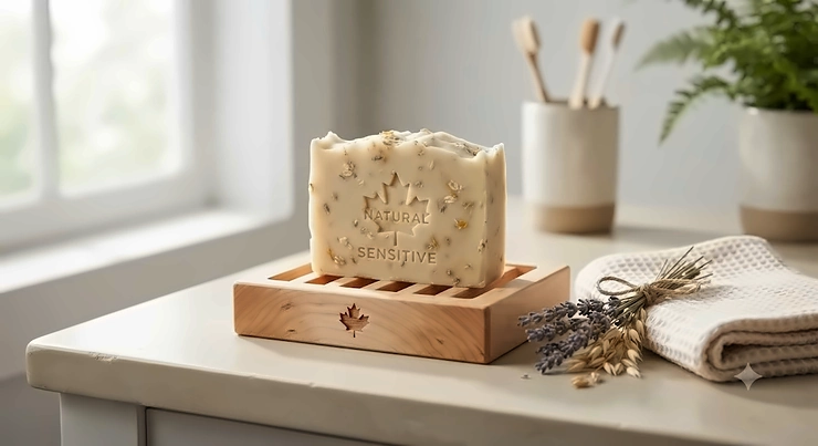 A bar of natural soap for sensitive skin resting on a wooden soap dish with a subtle Canadian touch.