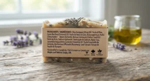 Close-up of a natural soap ingredient label showing plant-based oils and essential oils popular across Canadian skincare routines.
