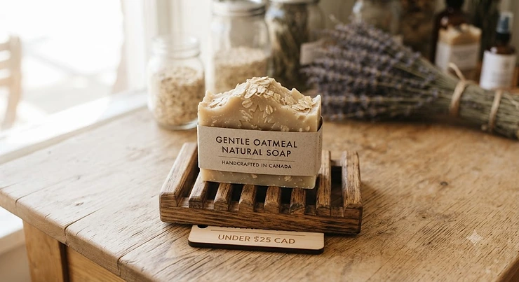 Assortment of artisanal natural soap bars under $25 CAD displayed neatly on a wooden board.