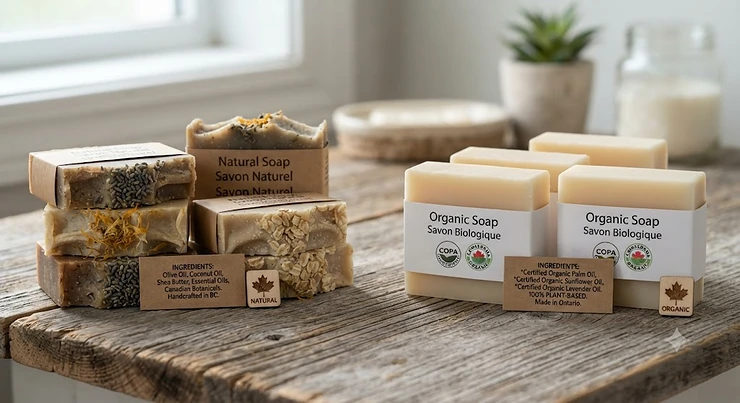 A side-by-side comparison of natural soap and organic soap bars on a wooden surface, highlighting differences for Canadian consumers. natural soap vs organic soap