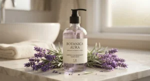 Pump bottle of organic, cruelty-free liquid hand soap next to fresh lavender sprigs