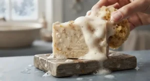 An artisanal cruelty-free soap bar showing a rich lather for soothing dry winter skin.
