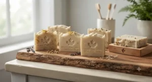 Plant-based natural soap for sensitive skin displayed neatly on rustic cedar wood.