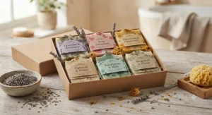 Organic soap collection gift pack displaying assorted floral and herbal bar soaps with dried lavender.