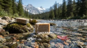 Biodegradable travel laundry soap bar being used sustainably for backcountry camping in Canada.