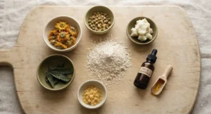 Top view of raw botanical ingredients used in our plant-based soap for eczema to help repair the skin barrier.