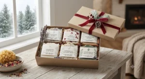 Plant-based soap holiday gift set wrapped with a festive ribbon, perfect for gifting during Canadian winters.