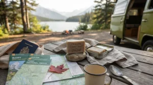 Essential travel laundry soap bar laid out with road trip gear for a Canadian vacation.