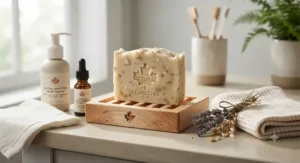 A daily skincare routine featuring natural soap for sensitive skin and a soft cotton hand towel.
