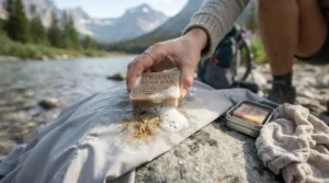 Compact travel laundry soap bar effectively pre-treating tough stains while traveling.