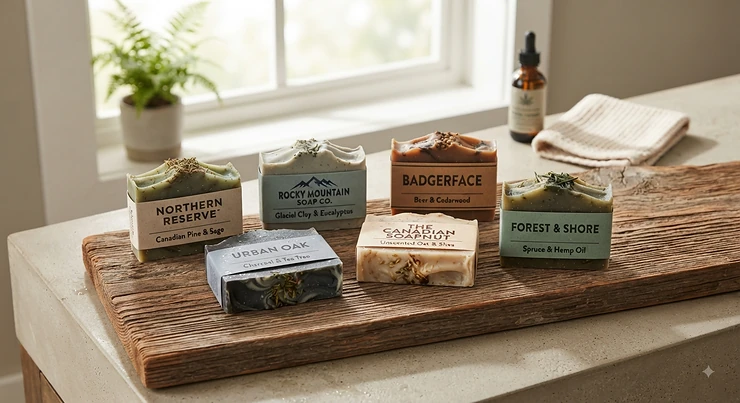 A collection of the top natural soap bars for men featuring plant-based ingredients for Canadian skin.
