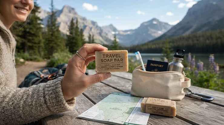 Eco-friendly travel laundry soap bar for handwashing clothes on Canadian camping trips and flights.