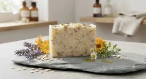 Vegan and cruelty-free soap surrounded by botanical ingredients designed for dry and sensitive skin.