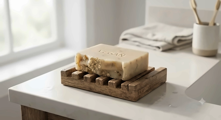 A handmade bar of vegan soap for sensitive skin resting on a wooden soap dish.