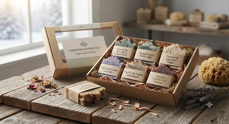 A Canadian-made vegan soap gift set featuring artisanal plant-based bars arranged on rustic cedar wood.