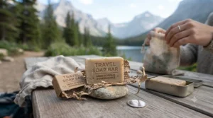 Plastic-free, zero-waste packaged travel laundry soap bar for sustainable Canadian travelers.