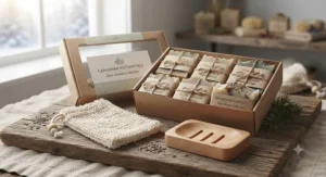 A zero-waste vegan soap gift set paired with a natural sisal soap saver pouch and wooden dish.