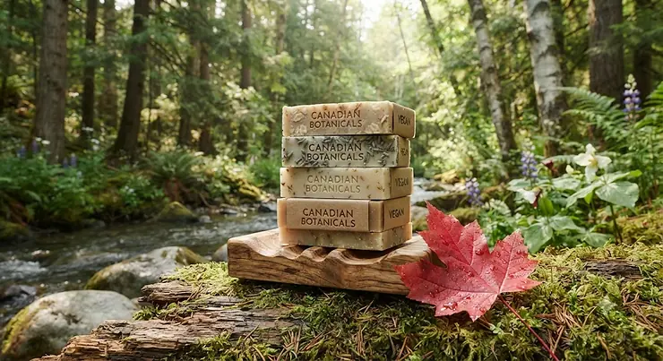 A stack of animal-product-free soap bars resting beside a wooden soap dish and a maple leaf in a natural Canadian forest setting.