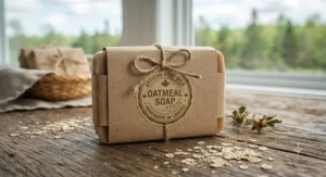 Artisan goat milk oatmeal soap wrapped in eco-friendly paper packaging, sourced sustainably in Canada.