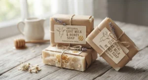 Vector illustration of packaged artisanal goat milk and honey soap wrapped in eco-friendly brown paper.