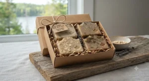An artisanal gift set of nourishing goat milk soap bars for dry skin packaged sustainably for Canadian shoppers.