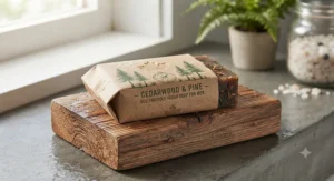 A deep-cleansing vegan bar soap for men washing away outdoor grime, displayed against a backdrop of clean slate tiles.