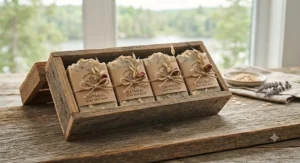 A Canadian-made gift set featuring goat milk oatmeal soap bars decorated with rustic twine and dried oats.
