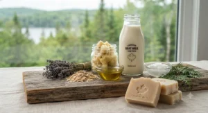 Locally sourced Canadian goat milk soap ingredients, including farm-fresh milk and plant oils for dry skin care.