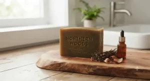 Cedarwood-scented vegan bar soap for men, featuring a rich, earthy aroma inspired by Canadian forests.