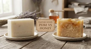 A close-up comparison highlighting the texture differences between pure goat milk soap and honey-infused goat milk soap.