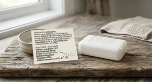 A commercial regular soap bar next to a product label highlighting synthetic detergents and artificial fragrances.