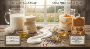An ingredient infographic comparing raw goat milk, nourishing honey, and natural oils used in Canadian artisanal soaps.