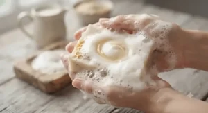 Graphic illustration of a rich, creamy lather from organic goat milk and honey soap for sensitive skin.
