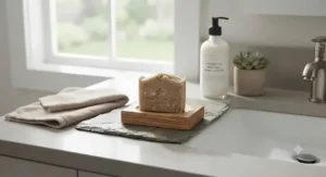 Natural vegan soap for eczema placed by a bathroom sink for daily gentle hand and body washing.