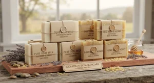 Eco-friendly wrapped natural goat milk soap and goat milk honey soap bars made sustainably in Canada.