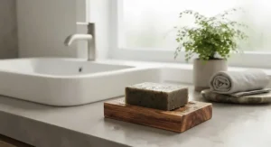 Eco-friendly vegan bar soap for men resting on a rustic wooden soap dish in a modern Canadian bathroom.