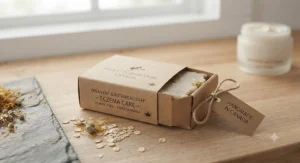 Sustainably packaged vegan soap for eczema featuring plastic-free, recyclable materials.