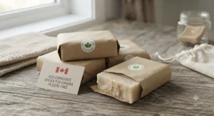 Plastic-free, biodegradable goat milk soap wrapped in recyclable paper packaging for eco-conscious shoppers in Canada.