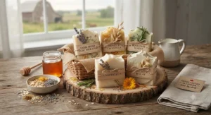 Natural farm-fresh goat milk soap gift set paired with botanical sprigs, highlighting local Canadian ingredients.