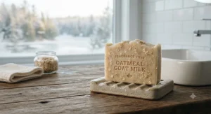 Fragrance-free goat milk oatmeal soap recommended for eczema relief and gentle daily cleansing in Canada.